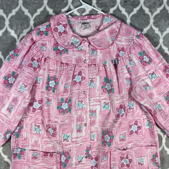 Village Fair Housecoat Women Medium Pink Floral Button Front Robe Pockets Cotton - Picture 7 of 8